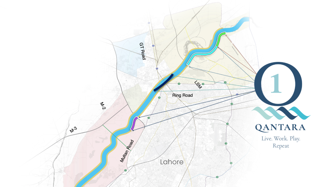 Qantara location map showing the Ravi corridor, Ring Road, GT Road and Lahore