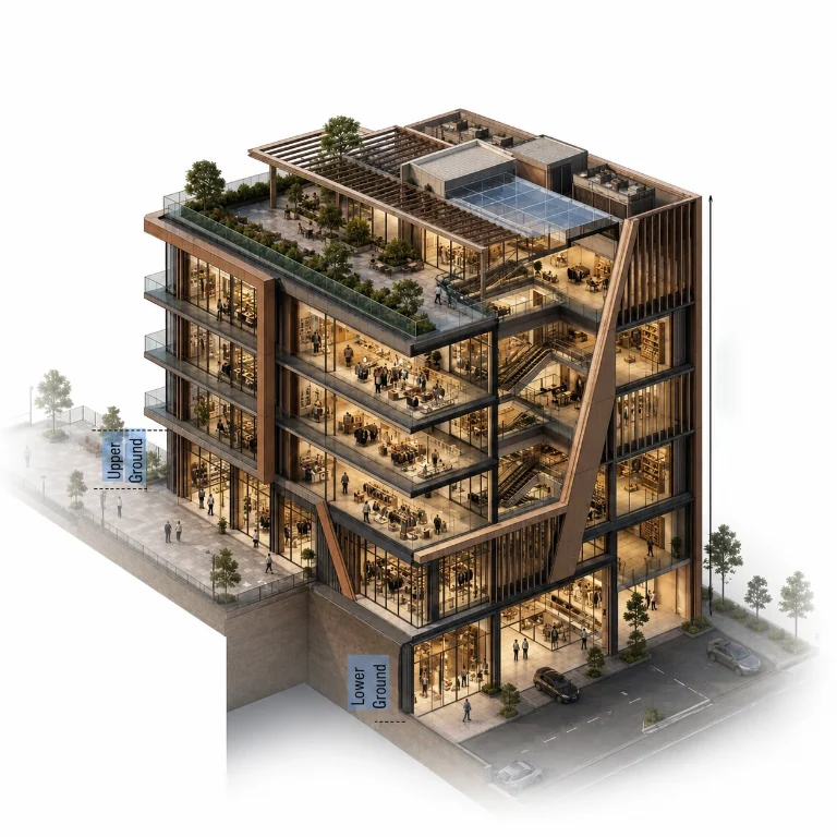 Architectural rendering of a multistorey commercial building with landscaped terraces