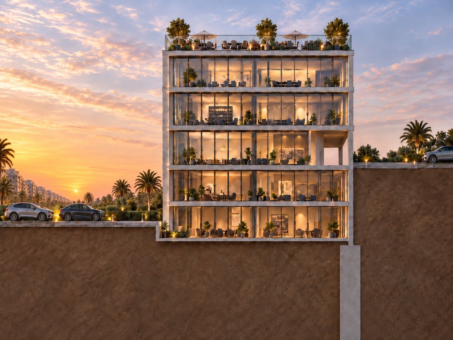 Five-floor Qantara commercial building at sunset with a rooftop terrace, roadside parking and ground-level access