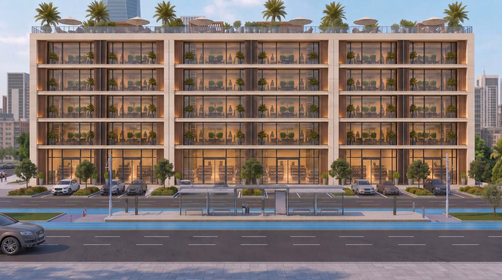 Wide frontal view of the complete Qantara commercial building and riverfront road