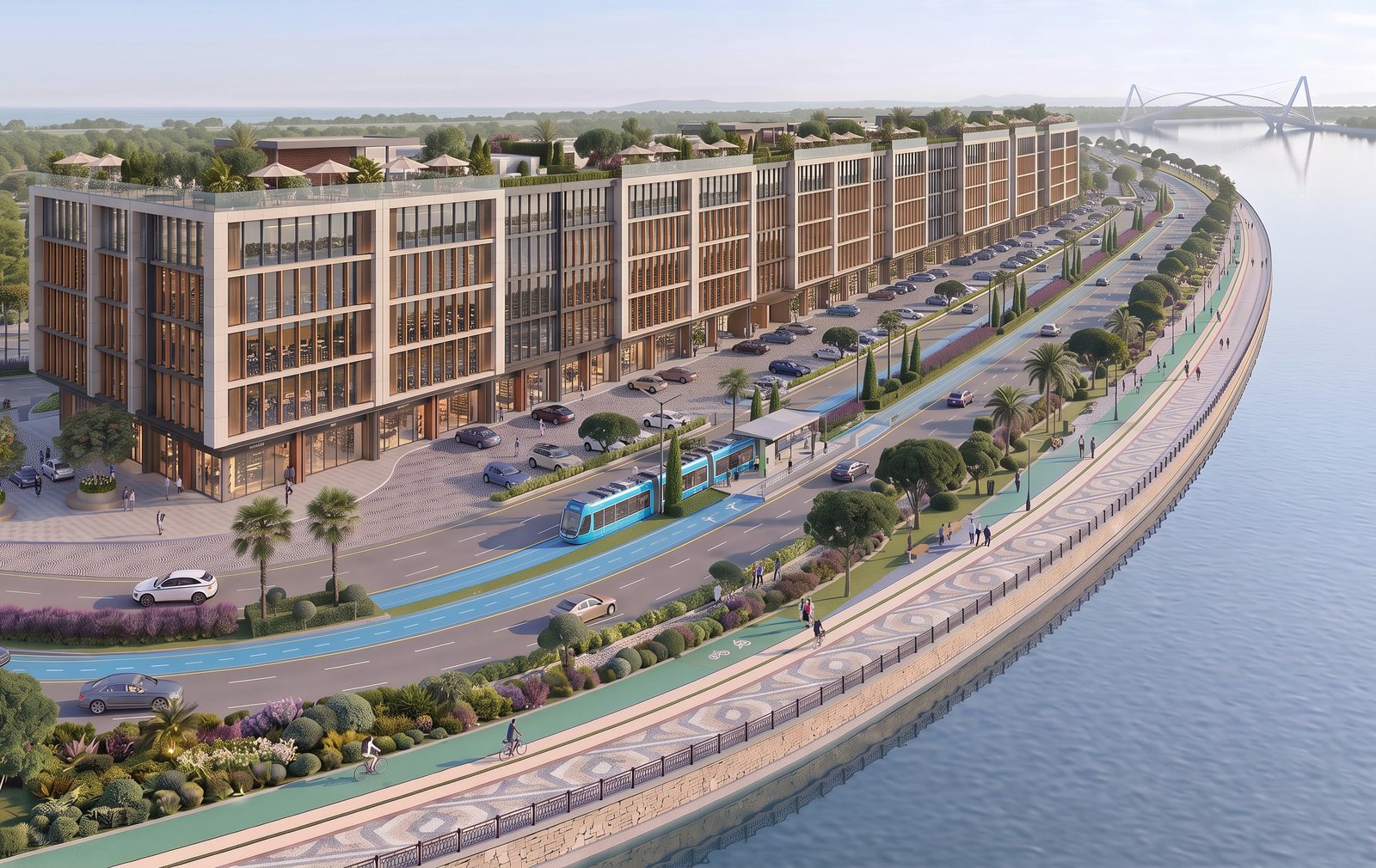 Qantara commercial buildings and landscaped riverfront promenade