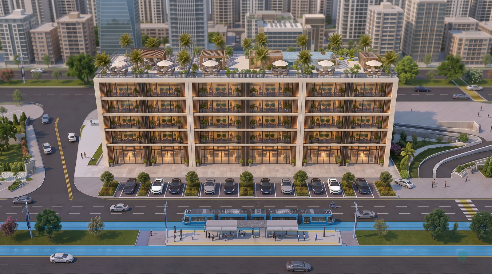 High-angle view of the Qantara commercial building, parking and transit stop