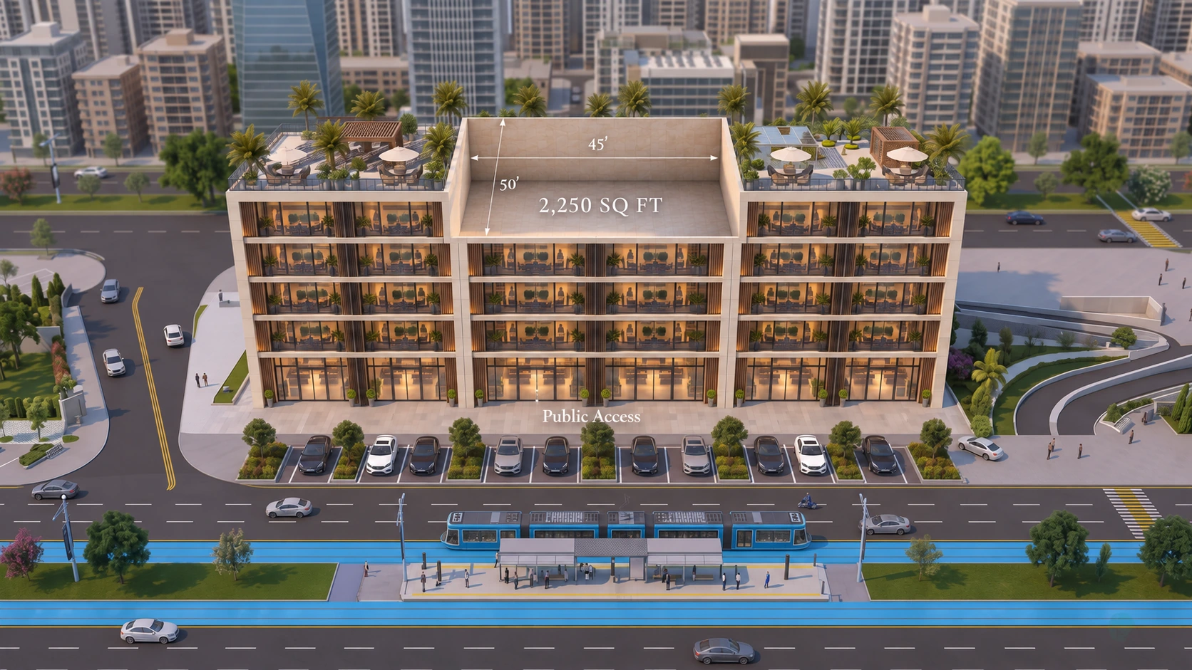 Open-roof commercial plot marked 45 by 50 feet and 2,250 square feet, between rooftop terraces