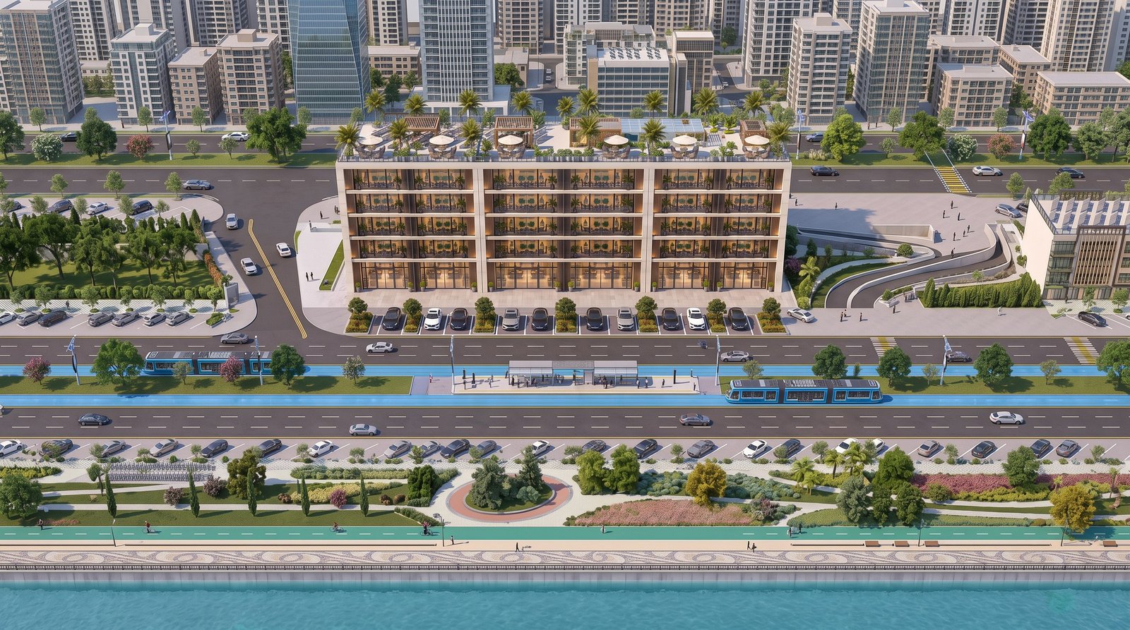 Wide-angle aerial view of the Qantara building, surrounding roads, promenade and riverfront