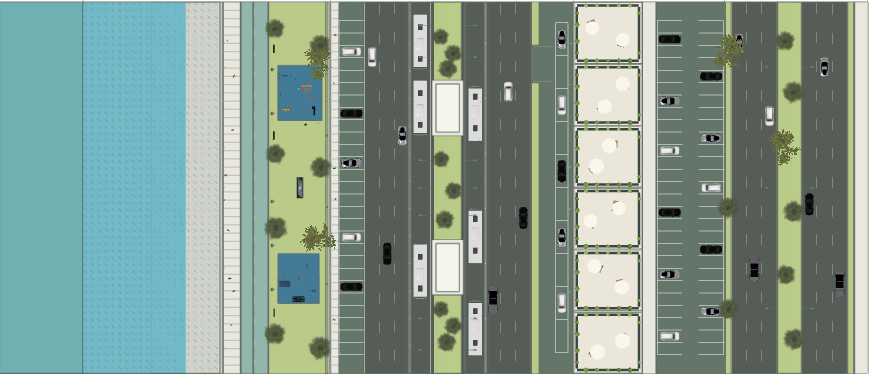 Top-down waterfront corridor plan showing river, park, boulevard, building modules and avenues